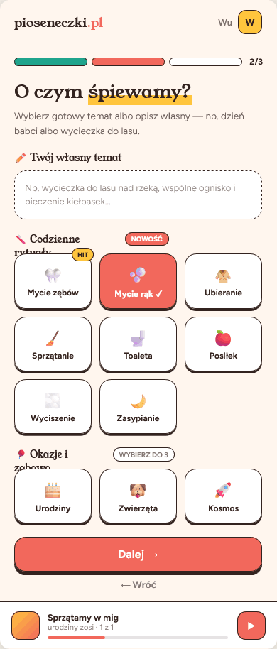 Ekran wyboru rytuału w aplikacji